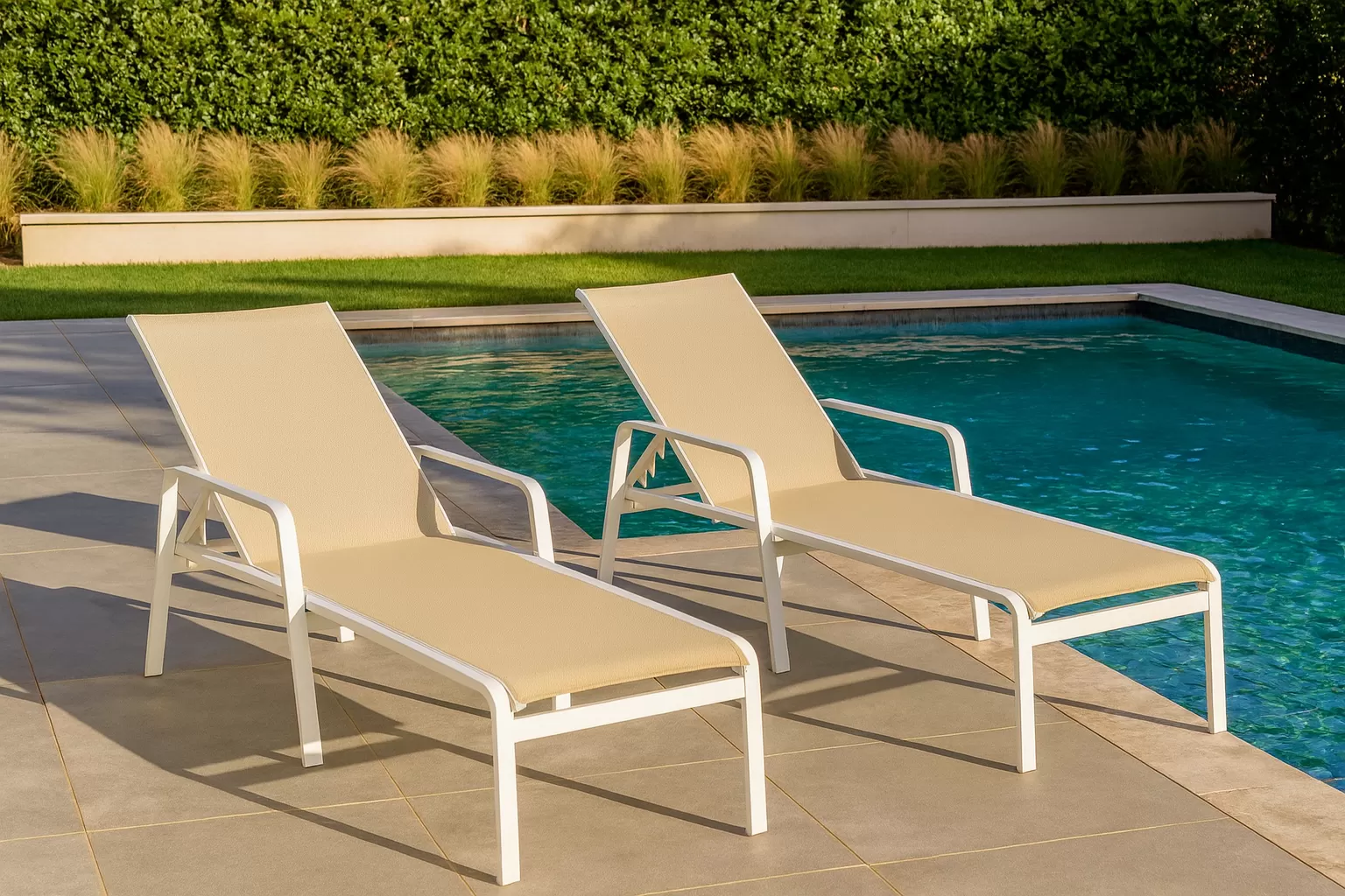 Kit com 2 Espreguiçadeiras para Piscina Summer - Alumínio Branco, Tela Sling Bege | Empilhável