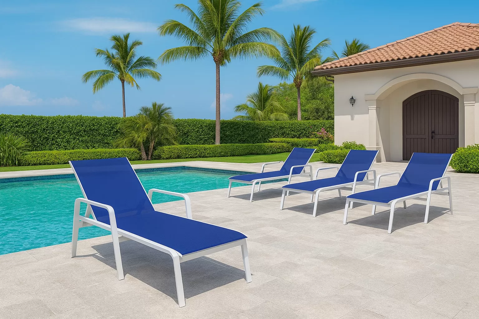 Kit com 5 Espreguiçadeiras para Piscina Summer - Alumínio Branco, Tela Sling Azul Escuro | Empilhável
