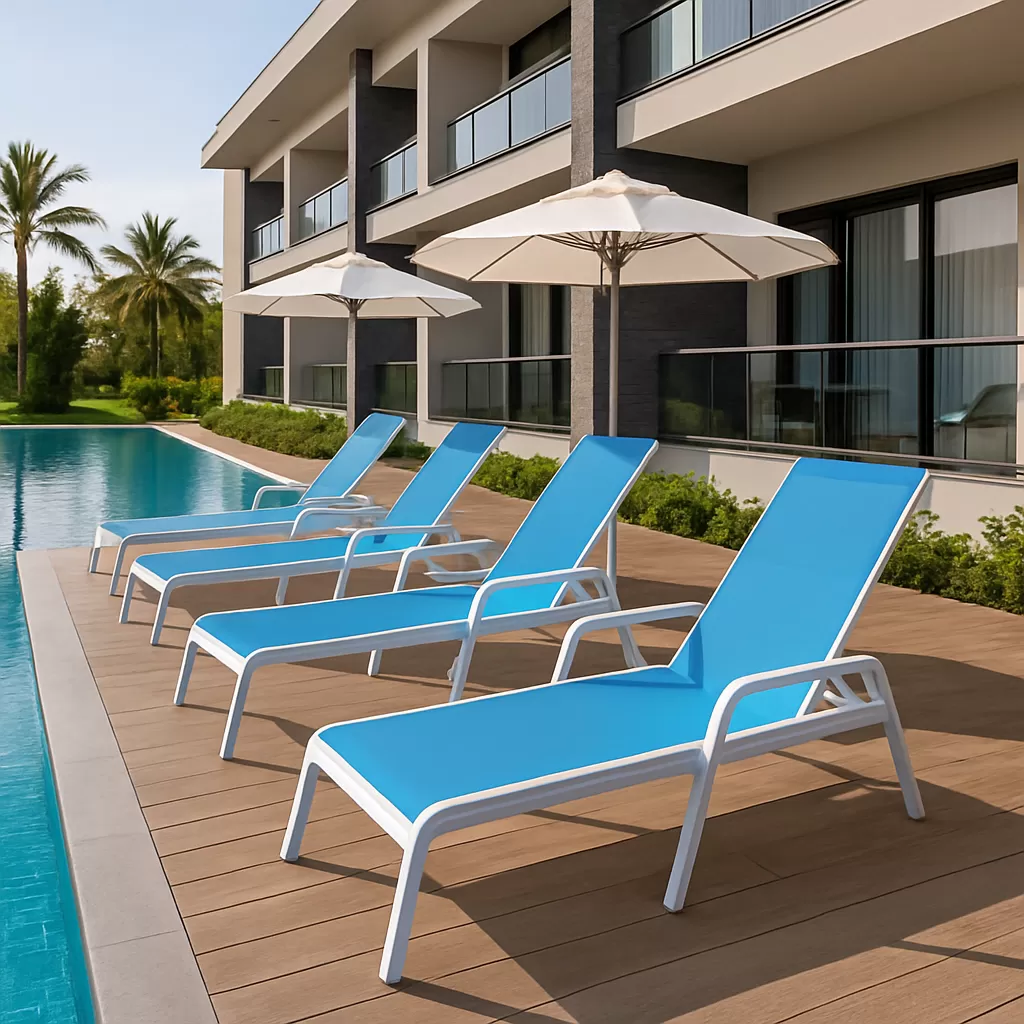 Espreguiçadeira para Piscina Summer - Alumínio Branco, Tela Sling Azul Claro | Empilhável