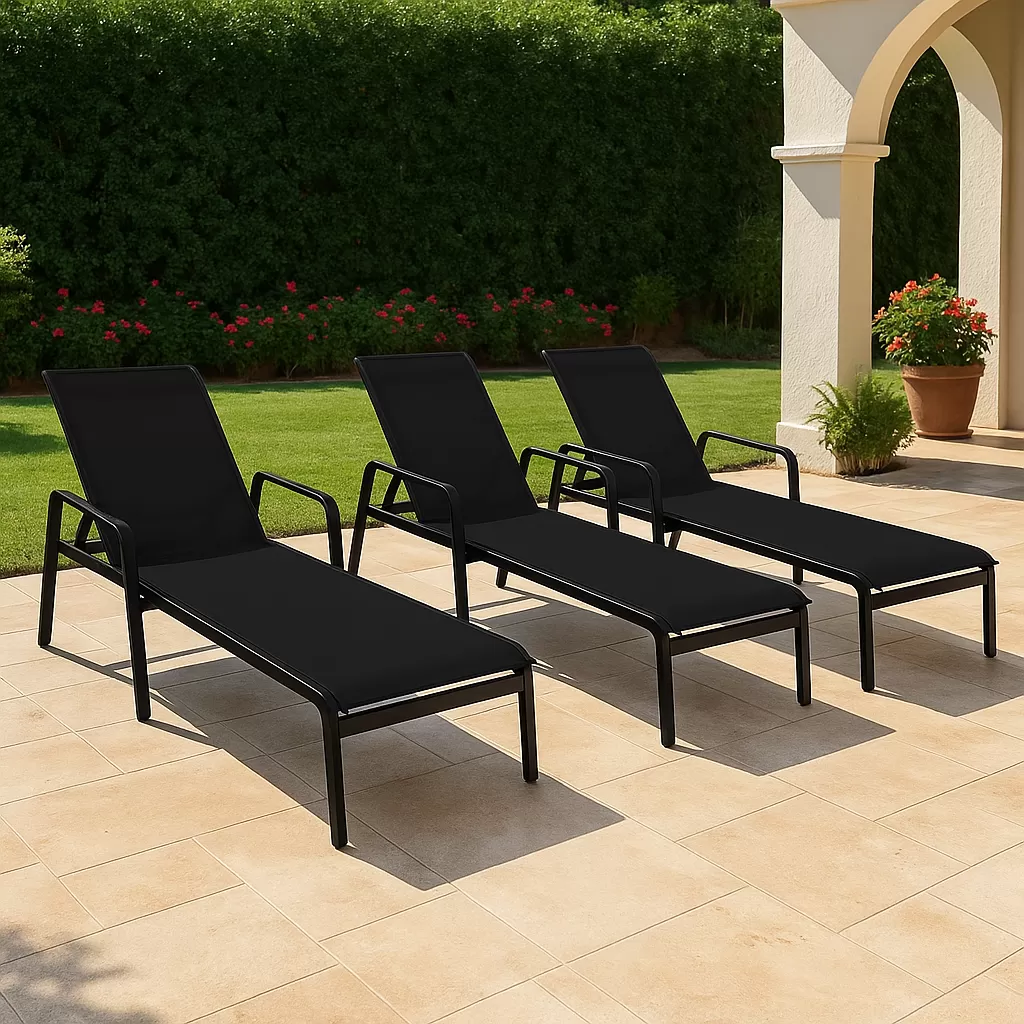 Espreguiçadeira para Piscina Summer - Alumínio Preto, Tela Sling Preta | Empilhável