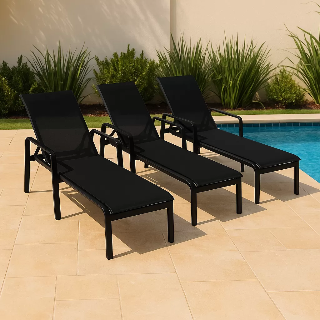 Espreguiçadeira para Piscina Summer - Alumínio Preto, Tela Sling Preta | Empilhável