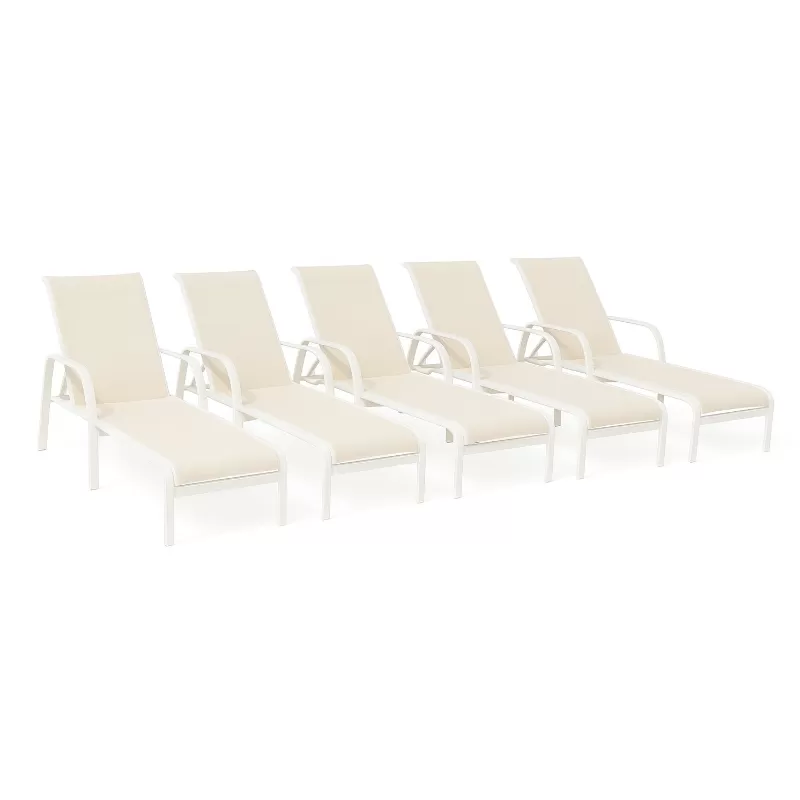 Kit com 5 Espreguiçadeiras para Piscina Summer - Alumínio Branco, Tela Sling Branca| Empilhável